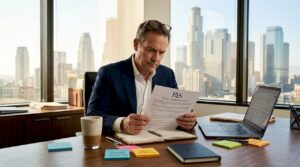 Executive reading severance papers in LA office