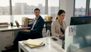 Attorneys working tensely in Mid-Wilshire office