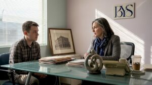 HR manager and employee in museum office meeting