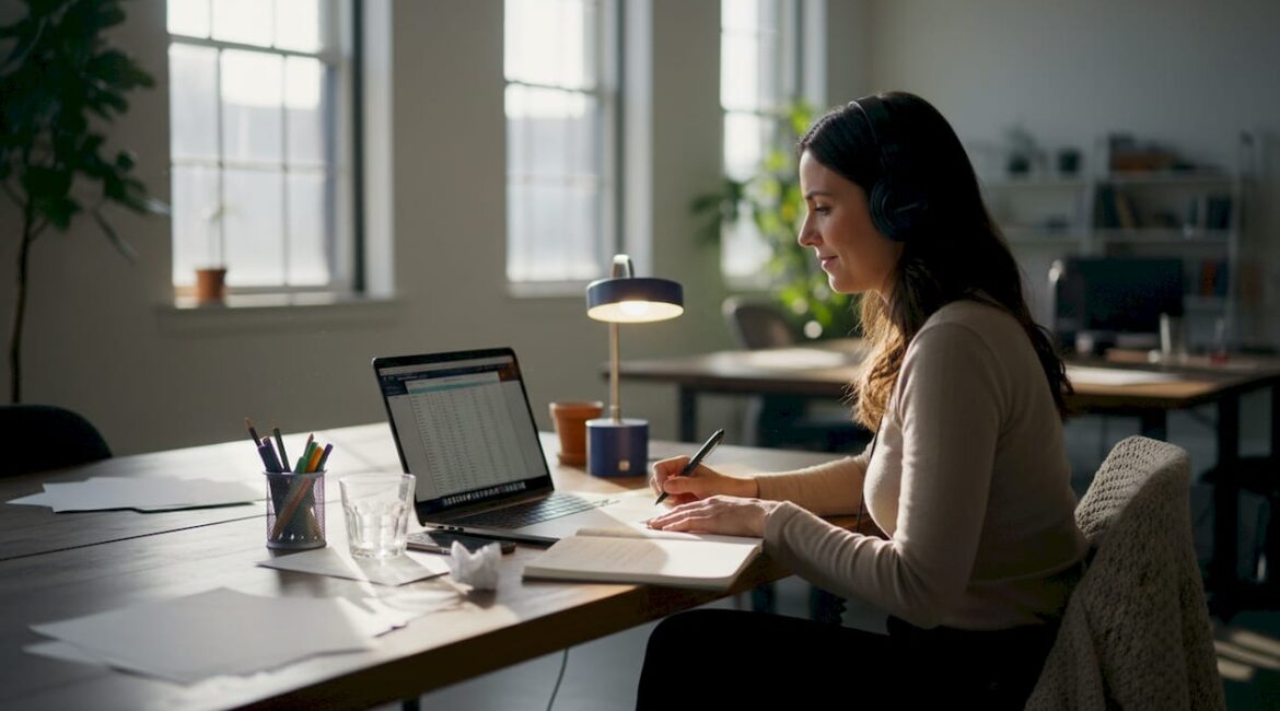 Creative professional reviewing wage records at shared desk