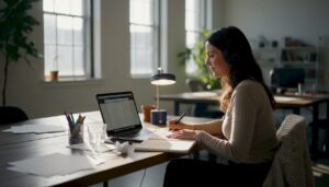 Creative professional reviewing wage records at shared desk