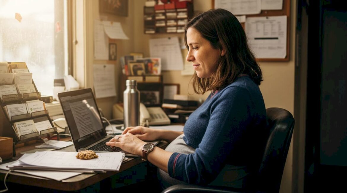 Pregnant worker at small office desk
