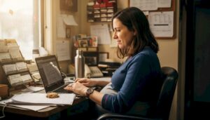 Pregnant worker at small office desk