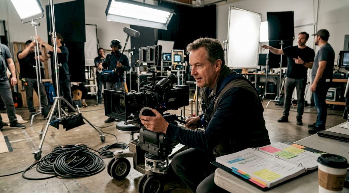 Camera crew at work on busy film set