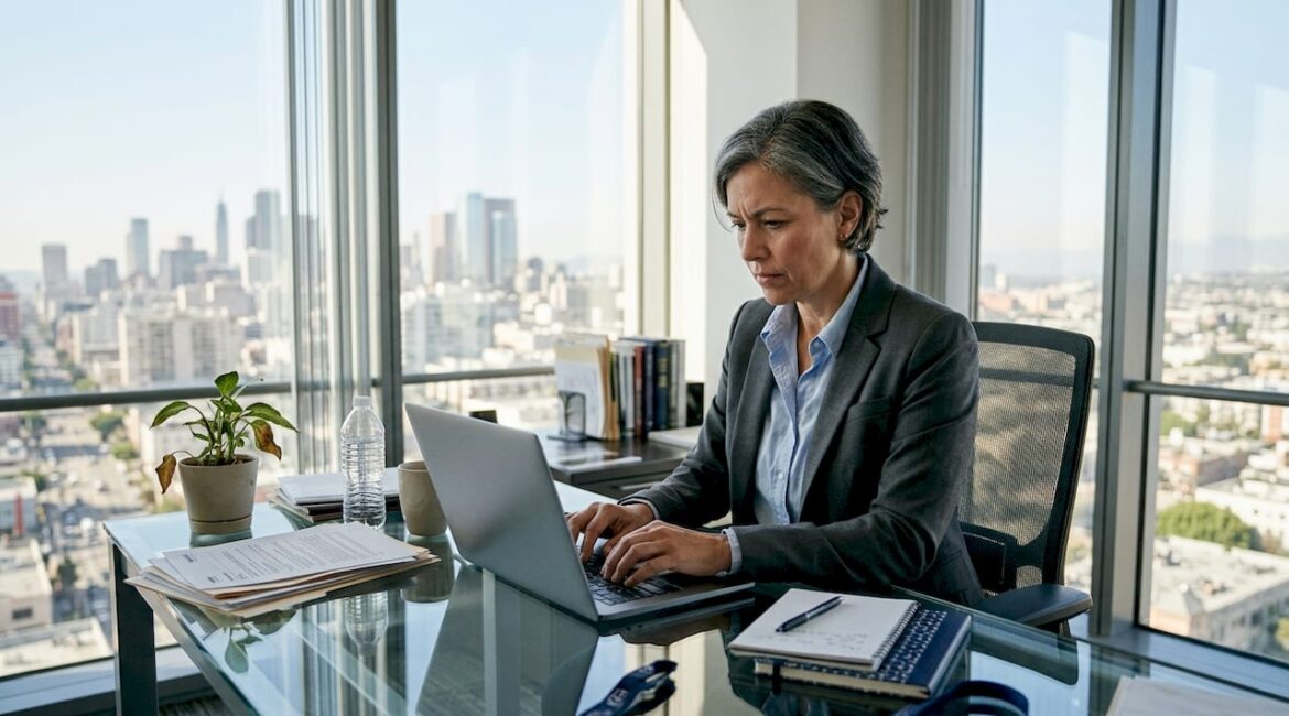 Manager responds to HR email in corner office