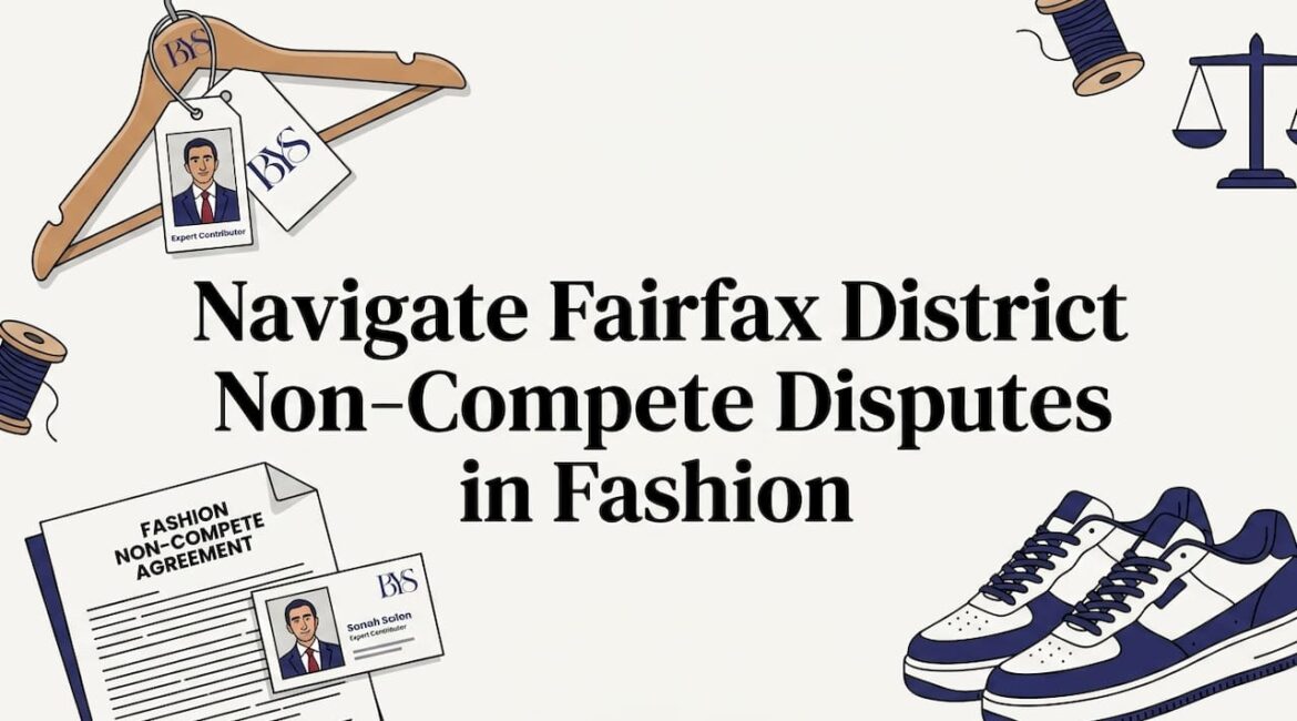 Editorial title card with fashion and legal icons