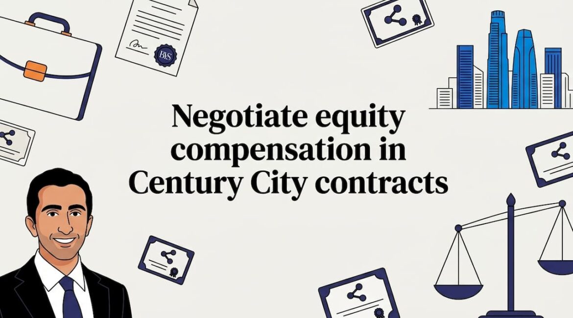 Decorative title card illustration with city skyline and contract motifs