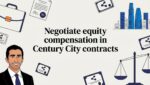 Decorative title card illustration with city skyline and contract motifs