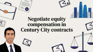 Decorative title card illustration with city skyline and contract motifs